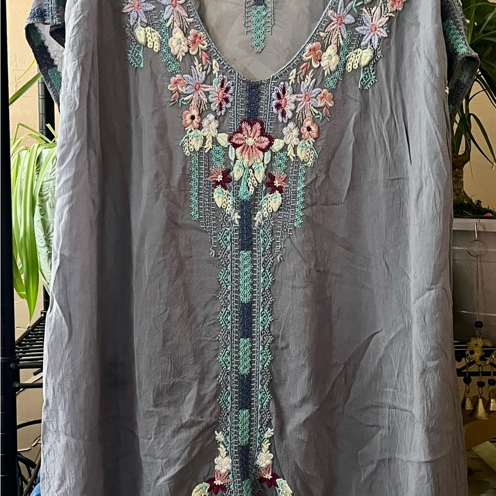 Johnny Was Charcoal Tunic with Multicolor Embroidery